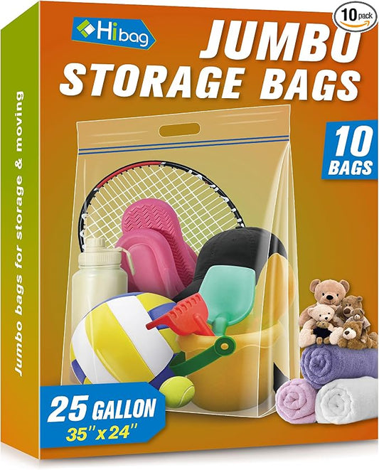 HIBAG 25 Gallon Jumbo Storage Bags, 35” x 24” Resealable Clear Bags with Handle, Extra Large XL Heavy Duty for Clothes Pillow Travel Moving, Pack of 10