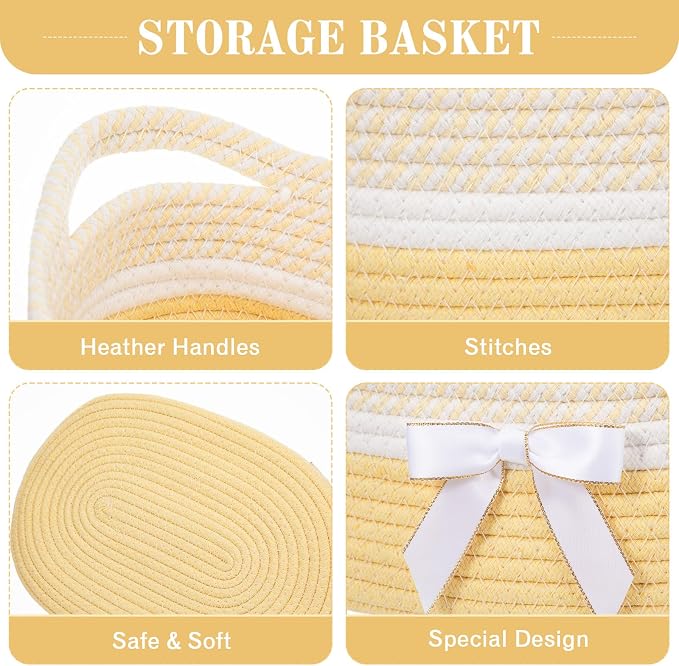 Colingmill 1 Set Woven Empty Basket for Gift,Light Yellow White | with Cellophane Wrap Set, 14 x 10 x 5.5 Inch, Medium Decorative Gift Basket, Cotton Rope Storage Box, Home Decor
