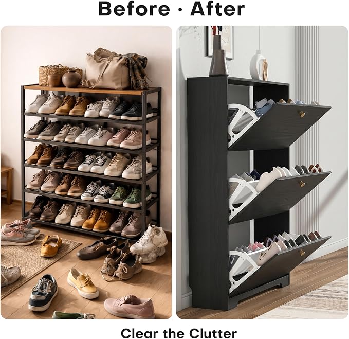 Nicetree Shoe Cabinet with 3 Flip Drawers, Entryway Shoes Organizer, Black | Narrow Shoe Organizer, Freestanding Shoe Rack Cabinet, Modern Shoe Storage Cabinet for Entryway, Hallway, Foyer, With Hook