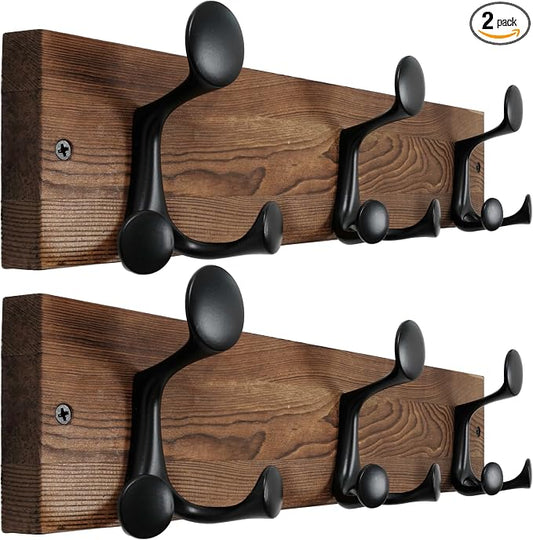 WEBI Coat Rack Wall Mount,17" Solid Wood Coat Hooks Wall Mounted Coat Hanger,16" Hole to Hole,Heavy Duty Hook Rack,3 Triple Hooks for Hanging Coats,Jacket,Hat,Backpack,Farmhouse,Brown,2 Packs