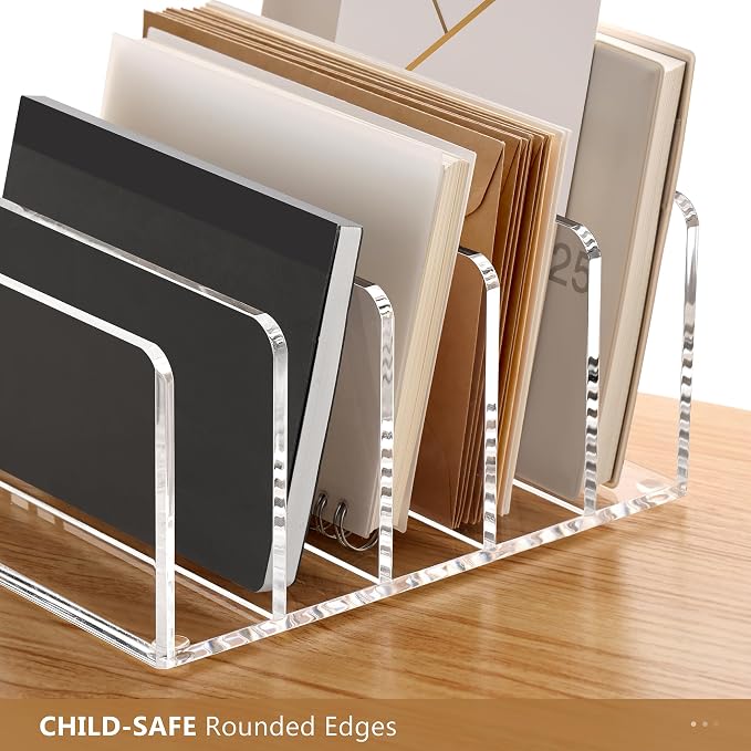Acrylic Mail Sorter Desk Organizer with Pen Holder, 5 Compartments Clear | Small File Script Letter Document Storage for Desktop Bill Filling Envelope Holder Office, Home, School Organization