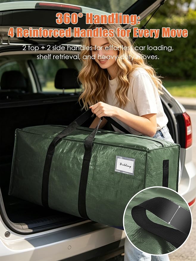 SWEET DOLPHIN 8 Pack 200LB Heavy-Duty Moving Bags with Wrap-Around Handles, Extra Large Storage Totes for Space Saving, Clothes Storage Bags, College Dorm Essentials, Green, 24 Gal