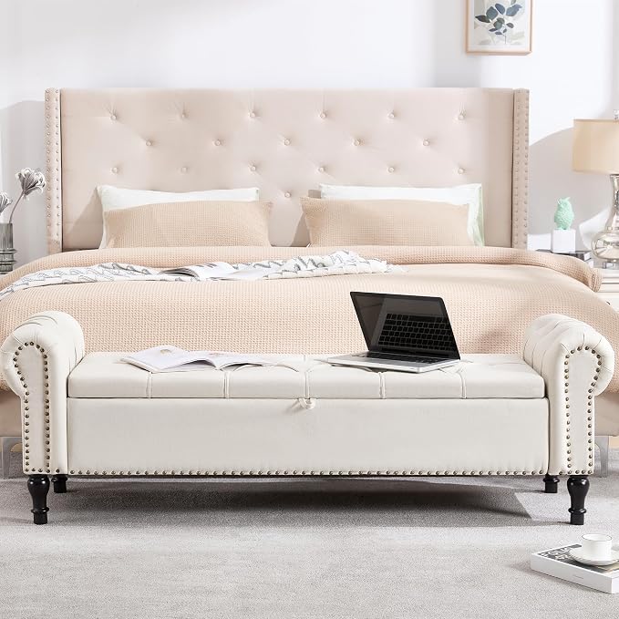 67 Inch Storage Bench for Bedroom, King Size End of Bed Bench, Upholstered Bench with Rolled Arms, Linen Tufted Button Storage Ottoman Benches, Living Room, Entryway, Cream Beige