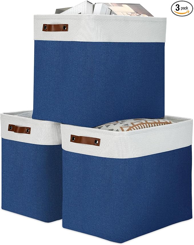 DULLEMELO 51L Large Baskets for Storage, Large Rectangular Baskets for Shelves [3 Pack], Blanket Basket Dog Basket for Organizing Closet, Nursery, Clothes (White&Blue)