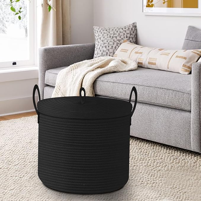 18" X 14" Large Black Basket with Lid, Cotton Rope Storage Basket for Blanket, Toy, Pillow, Towel, Living Room Bedroom Storage Bin, Wicker Woven All Black Organizing Bin with Cover