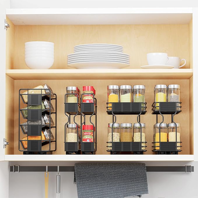 SpaceAid Pull Out Spice Rack Organizer with 20 Jars, Heavy Duty Slide Out Seasoning Organizer for Kitchen Cabinets, with 801 Labels and Chalk Marker, Right Facing