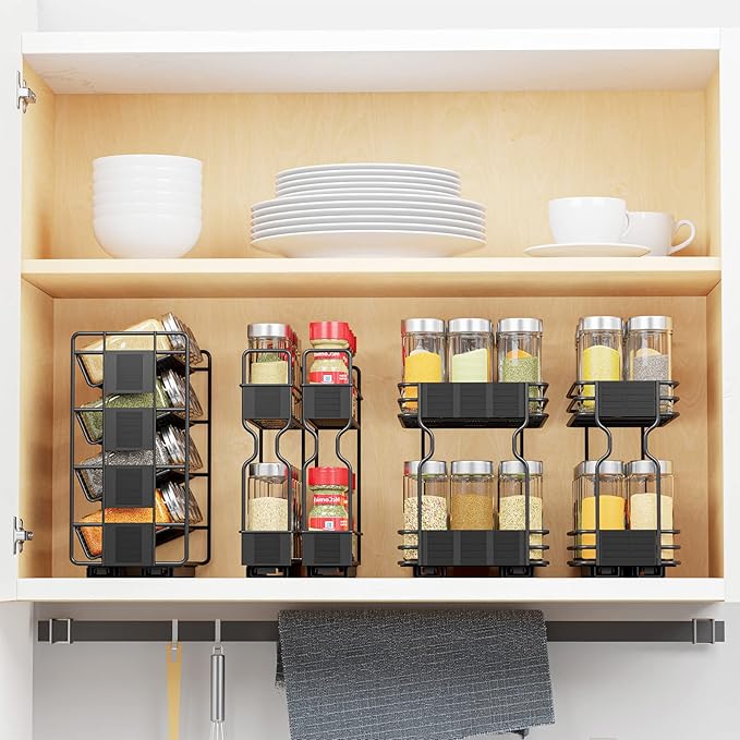 SpaceAid Pull Out Spice Rack Organizer with 20 Jars, Heavy Duty Slide Out Seasoning Organizer for Kitchen Cabinets, with 801 Labels and Chalk Marker, Right Facing (Pack of 2)