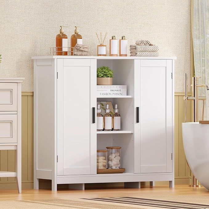 Iwell Storage Cabinet with 2 Doors and 4 Storage Shelves, Buffet Cabinet, Bathroom Cabinet for Living Room, Entryway, Home Office, White