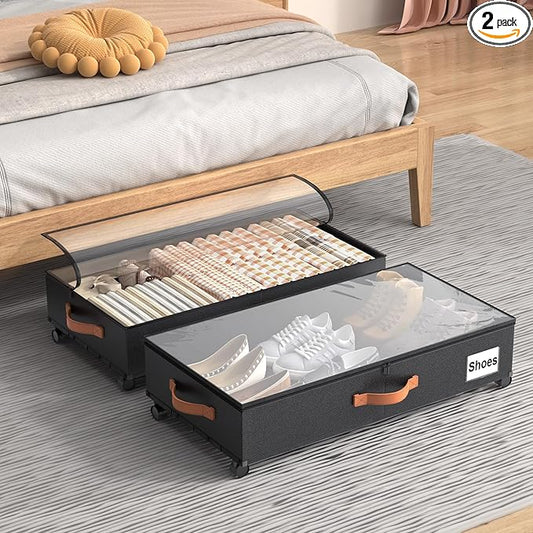 Under Bed Storage Containers with Wheels Large Underbed Shoes Blankets Clothes Toy Storage Drawers for College Dorms Bedrooms Nursery Rooms Organization (Black 2 Pack, 6.6in height(30.3"x15.7"x6.6"))