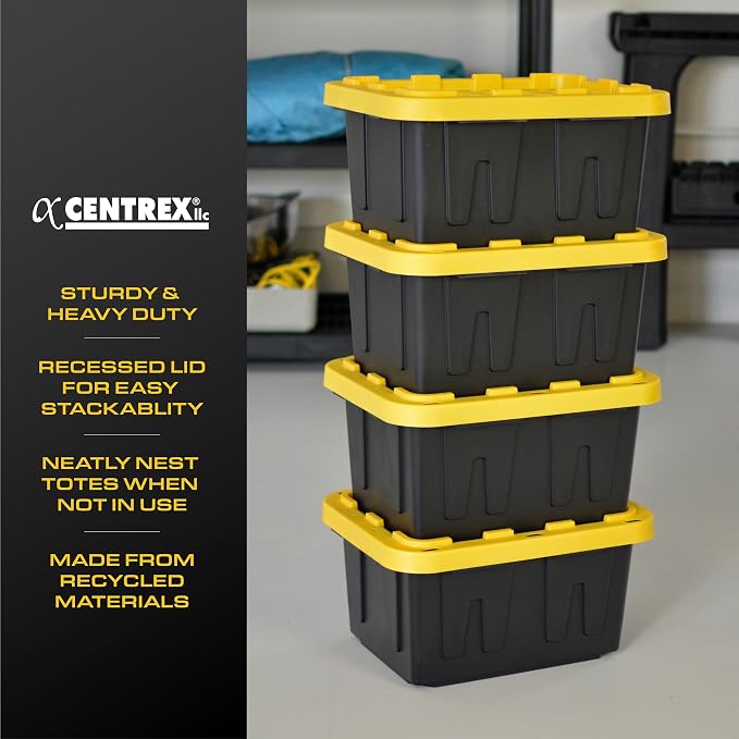 BLACK & YELLOW 5-Gallon Stackable Plastic Storage Bins with Lids, 4 Pack | Small heavy-duty storage totes for garage, closet, classroom & home organization, 8.6H x 12.3W x 16.4D, Black & Yellow,