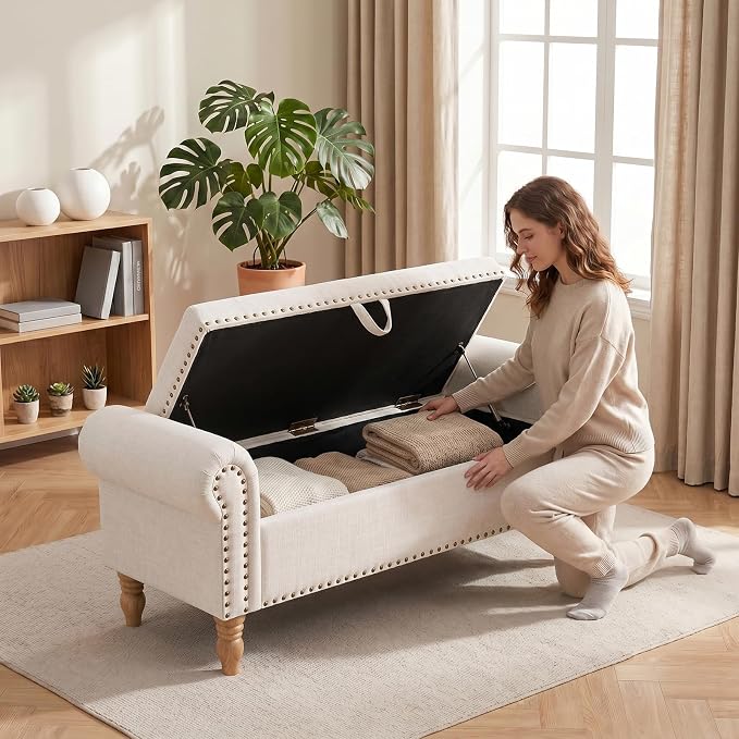55" Storage Bench, End of Bed Bench with Rolled Arm and Nailhead Trim, Upholstered Bedroom Bench with Storage, Ottoman Bench for End of Bedroom, Living Room, Entryway (Beige Linen)