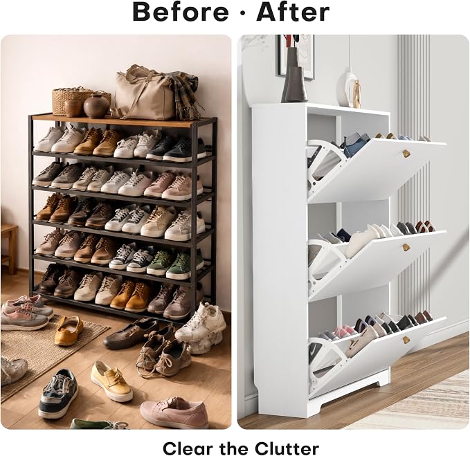 Nicetree Shoe Cabinet with 3 Flip Drawers, Modern Entryway Organizer, White | Narrow Shoe Organizer, Freestanding Shoe Rack Cabinet, Modern Shoe Storage Cabinet for Entryway, Hallway, Foyer, With Hook