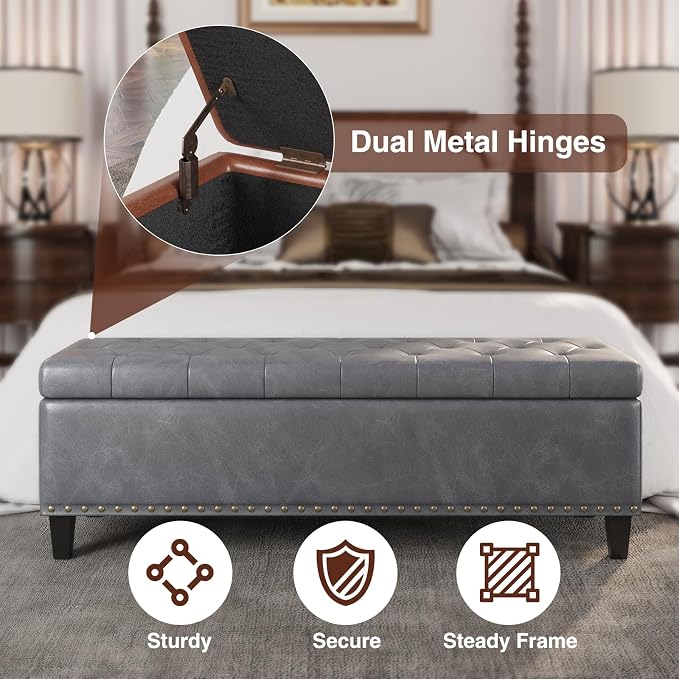 FiveWillowise 51 Inch Storage Ottoman Bench,Large End of Bed Storage Bench | Faux Leather Ottoman with Storage,30 Gallons,Upholstered,with Nailhead Trim,Legs,for Bedroom,Living Room,Entryway,Grey