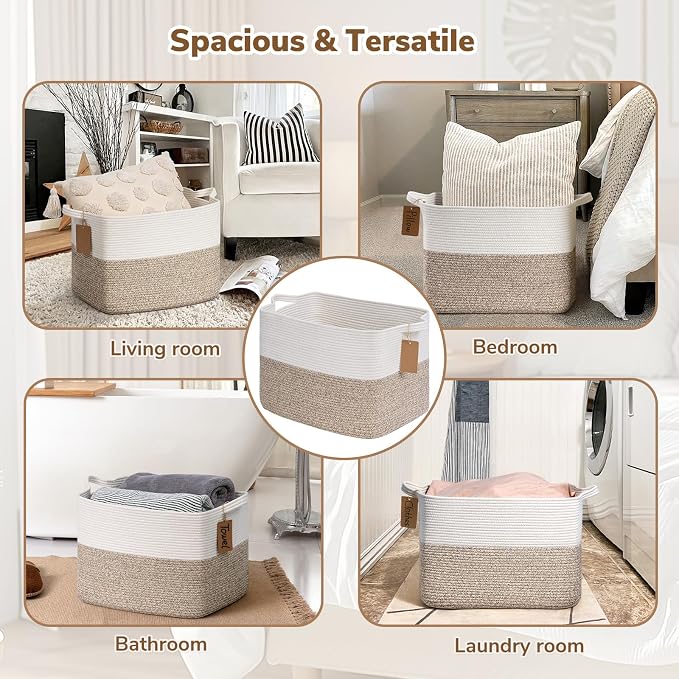 Goodpick Large Woven Storage Basket, Rectangle, Light Brown | 50L, 18 × 14 × 12 in, Cotton Rope, Reinforced Handles, Blankets, Toys Storage, Living Room & Nursery Organization