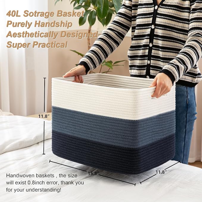 2 Pack Woven Storage Baskets for Closet, Toy Basket with Handles | Large Baskets for Organizing Shelves, Closet Storage for Blanket Living Room, Bedroom, Nursery, 15.8" x 11.8" x 11.8"