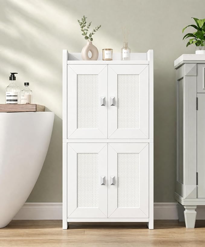 Akxomel 15" Rattan Small Bathroom Cabinet 4 Doors Adjustable Shelf White | Bathroom Organizer and Storage, Toilet Paper Floor Cabinet for Small Space
