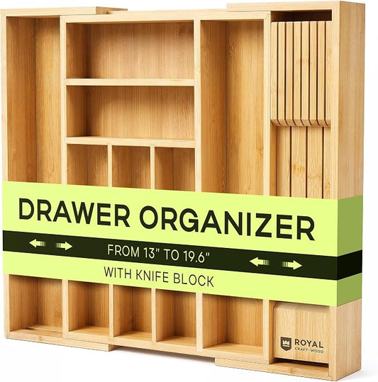 Drawer Organizer for Kitchen Organization – Expandable Bamboo Silverware Drawer Organizer with Removable Knife Block, Bamboo Cutlery, Non-Slip Utensil Organizer with 7-Slot Knife Storage for Flatware