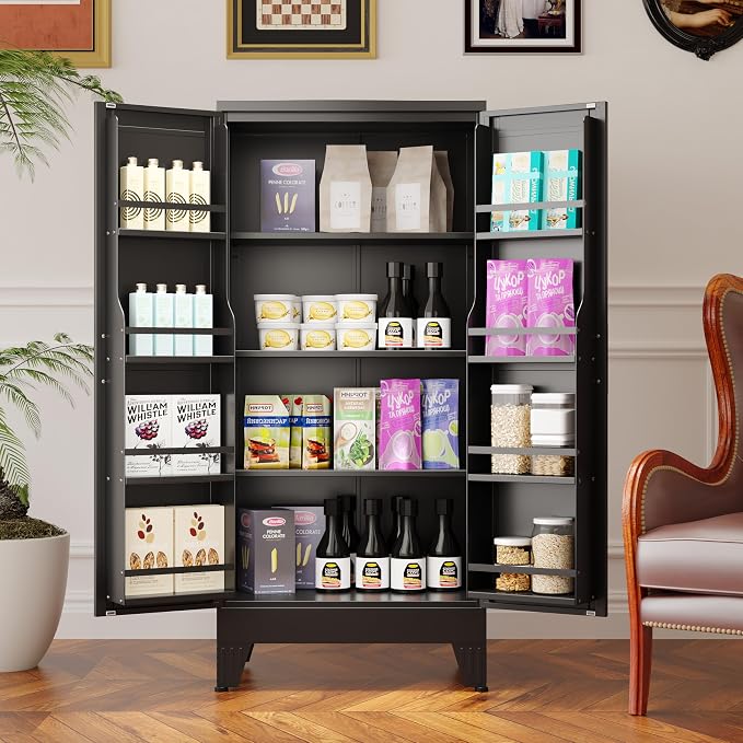 GAIOUS Metal Kitchen Pantry Cabinet, Storage Cabinets with 2 Door and 3 Adjustable Shelves, Black Freestanding Food Storage Cabinet, Steel Cupboard for Kitchen Dinning Room