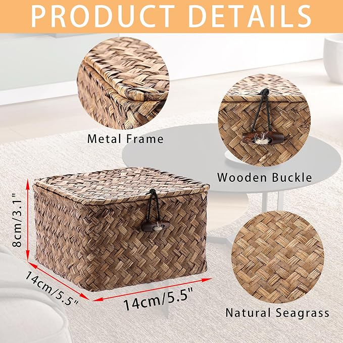 Hipiwe Seagrass Basket Bin with Lid X-Small Handwoven Wicker Storage Basket | Square Decorative Baskets Box for Shelf Multipurpose Household Baskets Organizer for Home Decor