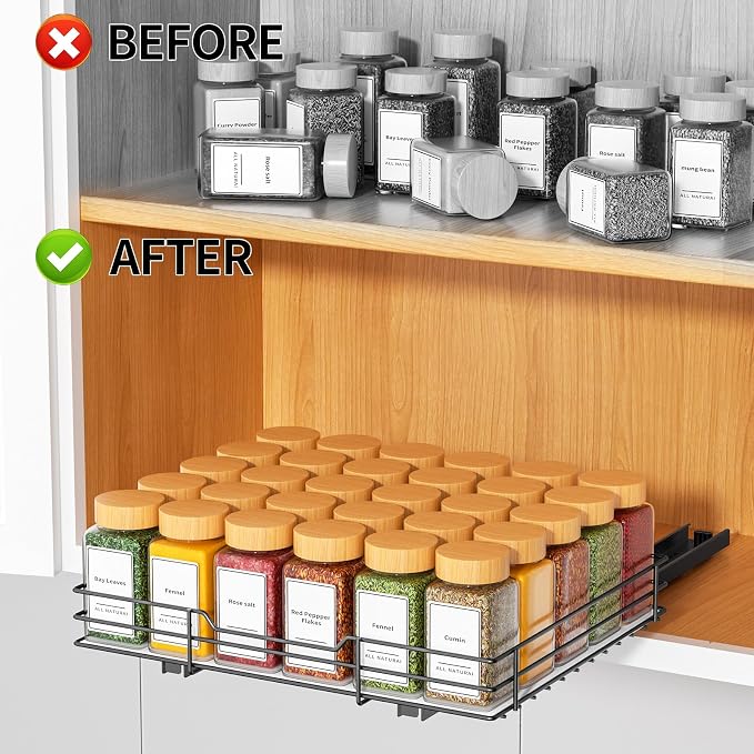 RCHYFEED Pull Out Spice Rack Organizer, 12.5" Wx10.5 Dx2.5 H | Slide Out Spice Rack for Inside Cabinets, Heavy Duty, Fits Kitchen and Pantry, For Seasoning, Sauces, Canned