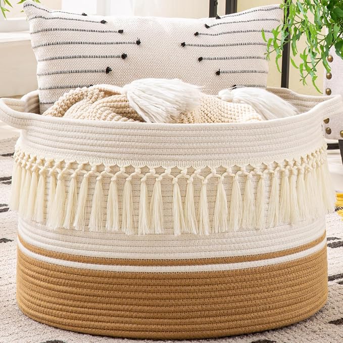 KAKAMAY Large Blanket Basket (20"x13"),Woven Baskets for storage Baby Laundry Hamper, Cotton Rope Blanket Basket for Living Room, Laundry, Nursery, Pillows, Baby Toy chest (White Fringe) | Extra Large Capacity | Natural Cotton Rope | Blanket Storage | ...