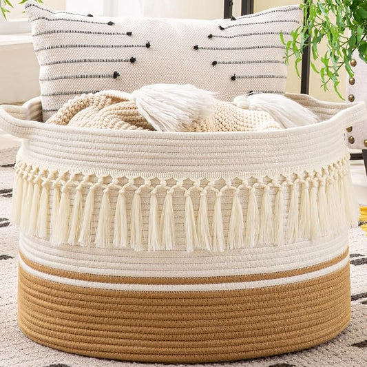 KAKAMAY Large Blanket Basket (20"x13"),Woven Baskets for storage Baby Laundry Hamper, Cotton Rope Blanket Basket for Living Room, Laundry, Nursery, Pillows, Baby Toy chest (White Fringe) | Extra Large Capacity | Natural Cotton Rope | Blanket Storage | ...