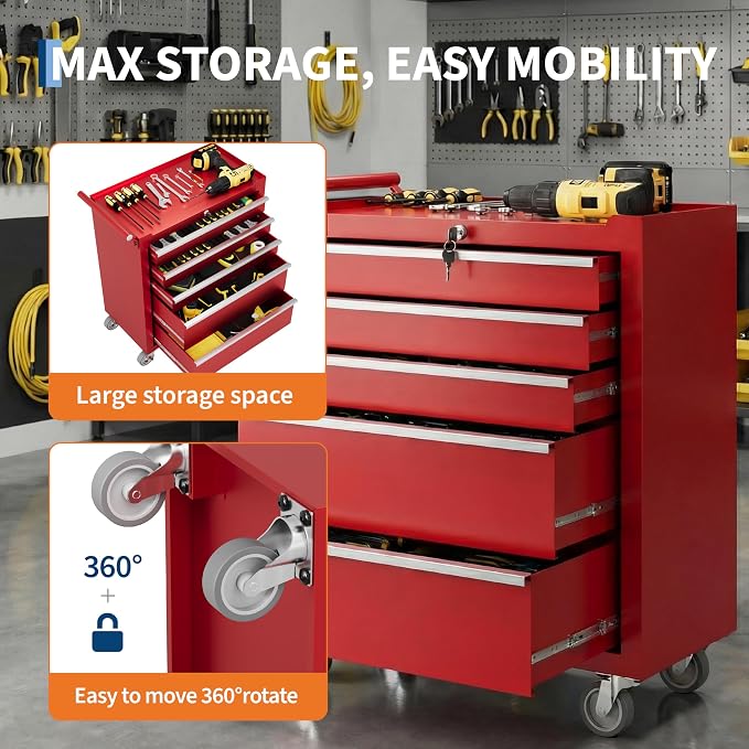 Garvee Rolling Tool Chest, 5 Drawers Tool Storage Cabinet, Toolbox with Wheels, Portable Tool Cabinet Organizer with Locking System & Drawer Liners, Tool Storage Cart for Garage, Workshop, Red