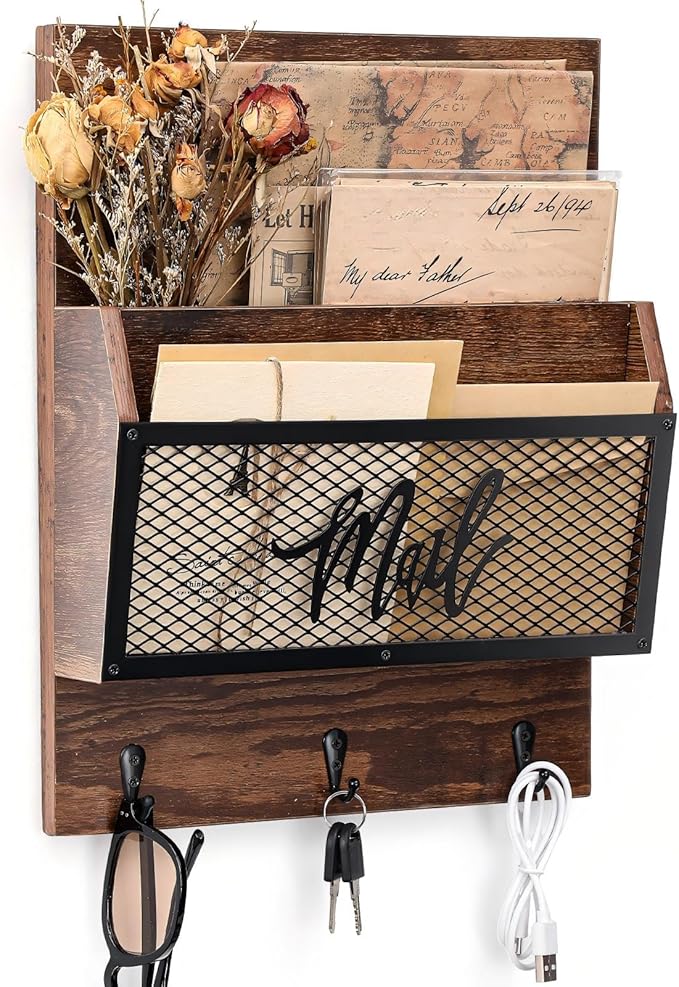 Yalikop Farmhouse Mail Organizer Wall Mounted Rustic Mail Holder Hanging Key Sorter with 3 Hooks Indoor Wooden Wall Mounted, Letter, Magazines, Newspapers, Keys(Classics,Brown)