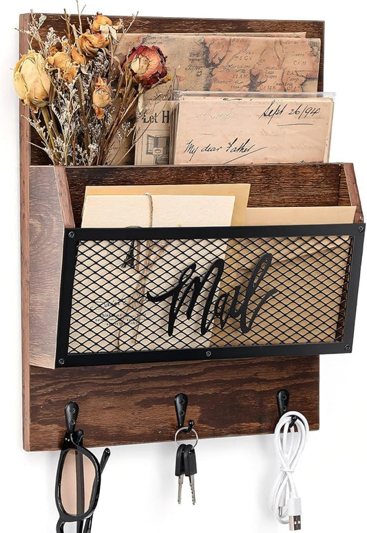 Yalikop Farmhouse Mail Organizer Wall Mounted Rustic Mail Holder Hanging Key Sorter with 3 Hooks Indoor Wooden Wall Mounted, Letter, Magazines, Newspapers, Keys(Classics,Brown)