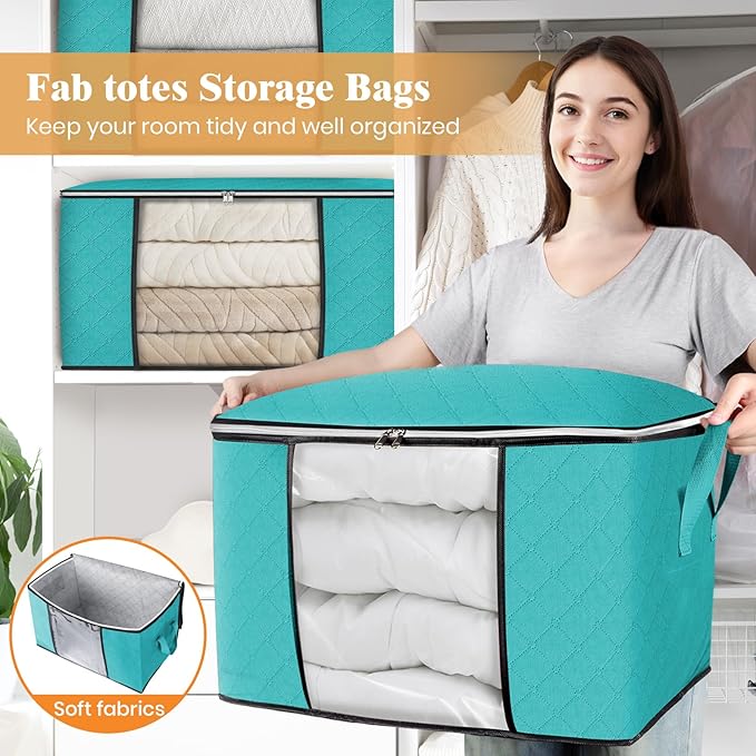 Fab totes 24 Gallons Clothes Storage, Foldable Thick Fabric Blanket Storage Bags, Containers for Organizing Bedroom, Closet, Clothing, Comforter, Organization with Handle (10 Pack,Green)