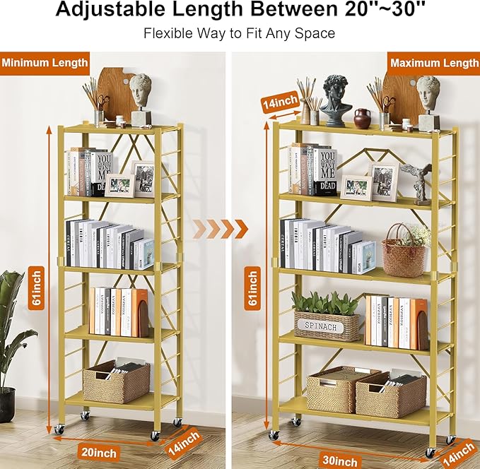 Himix 5-Tier Storage Shelf with Wheels Foldable Expandable Adjustable Gold