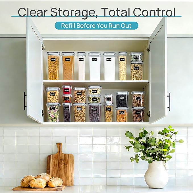 Airtight Food Storage Containers with Lids, Vtopmart 24 pcs Plastic Kitchen and Pantry Organization Canisters for Cereal, Dry Food, Flour and Sugar, BPA Free, Includes 24 Labels，Black | For Cereal Pasta Snack Flour Sugar, BPA Free, Airtight Seal, Multi...