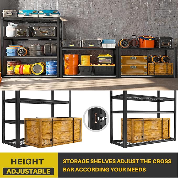 REIBII 40" W Storage Shelves with Wire Mesh Panels for Garage Organization | 560Lbs/tier, 40" W x 19.5" D x 59.5" H, Adjustable, 4-Tier, Double-Layer Frame, Rustproof Finish, for Basement Warehouse Shed