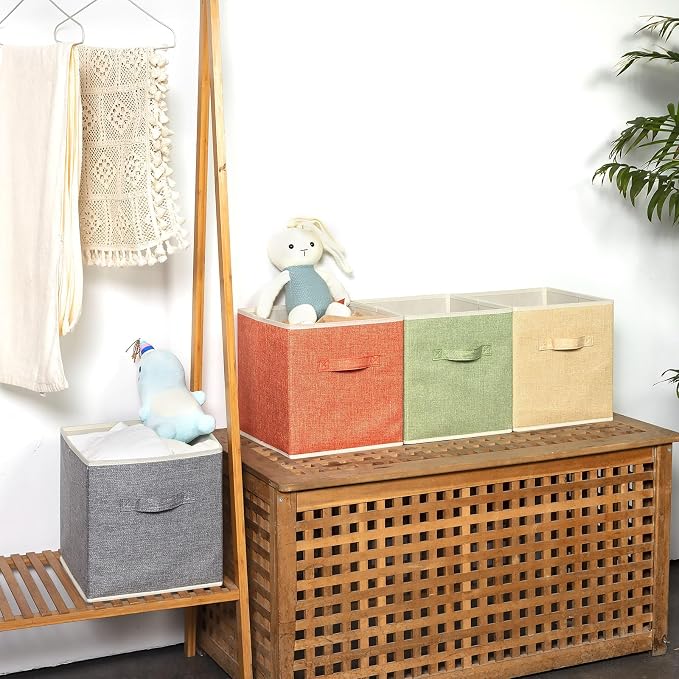 Storage Cube Organizer Bin 10.5" x 10.5" x 11" Large Boxes Fabric Basket with Handles for Organizing Shelves Closet Clothes 4 Color Set A