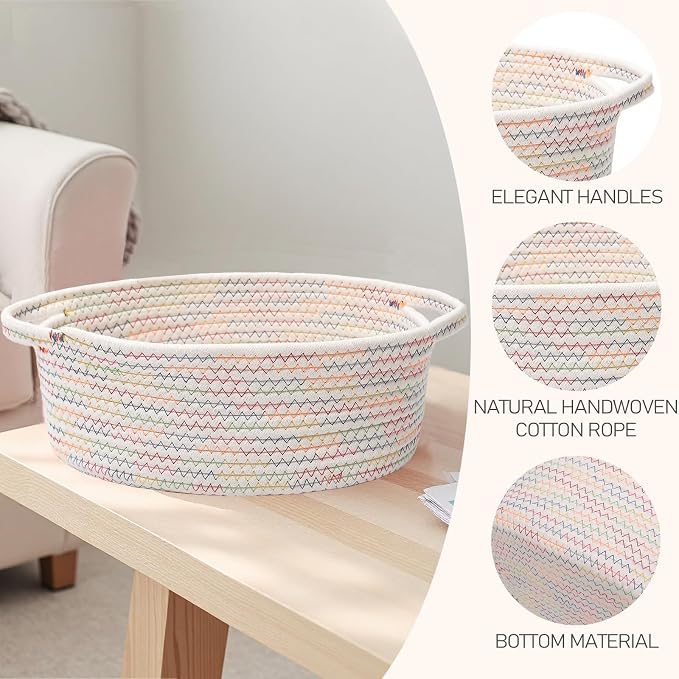 JMvicyroam Small Woven Basket, Empty Gift Basket, Colorful/1 Pack | Small Gift Basket, Cotton Rope, 12 x 8 x 48 in, Handles, Includes Ribbon and Bag, Birthday Gift Basket