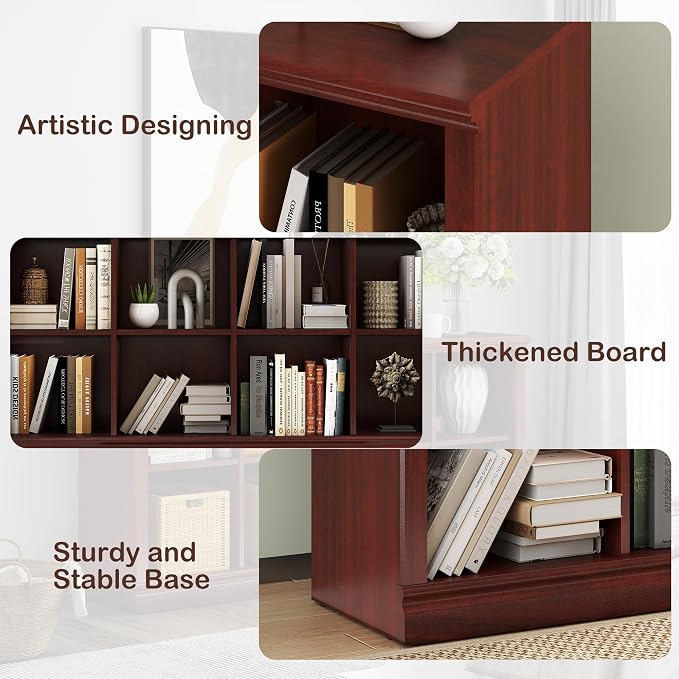 2 Tiers 8 Cube Storage Organizer Bookcase, 54 inch Width Wooden Book Shelf | 8 Storage Cube Adjustable Space Book Case, Horizontal Bookshelf Display Cabinet Organizer for Home Library Office, Mahogany