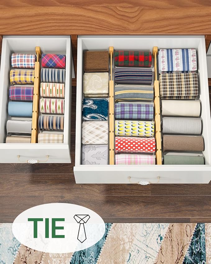 kiplant Bamboo Drawer Dividers - Adjustable Drawer Dividers for Kitchen, Clothes, Closet & Office - 8 Pack with Inserts, 13.8-18.8 Inches, Non-Slip Silicone Ends