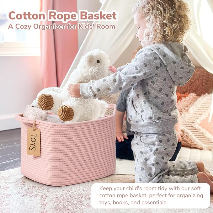 Goodpick Small Woven Storage Basket for Shelves, Cotton Rope, Pink | 13 x 10 x 9 in, Nursery, Bedroom & Bathroom Organization, Toys, Towels, Books & Baby Essentials Storage