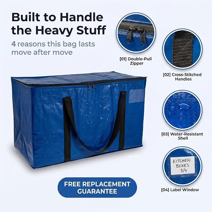 ClearSpace Heavy Duty Moving Bags or Storage Bag – Large Moving Boxes with Backpack Straps, Zippers & Handles – Perfect for Moving, College Dorm, Traveling, Camping, Christmas Decorations, 6 Pack
