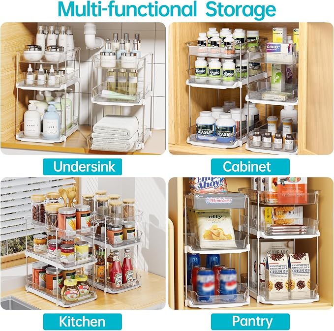 Delamu 2 Sets of 3-Tier Bathroom Under Sink Organizers and Storage, Multi-Purpose Stackable Pantry Organization and Storage, Pull Out Clear Kitchen Bathroom Cabinet Organizer with Movable Dividers | Storage