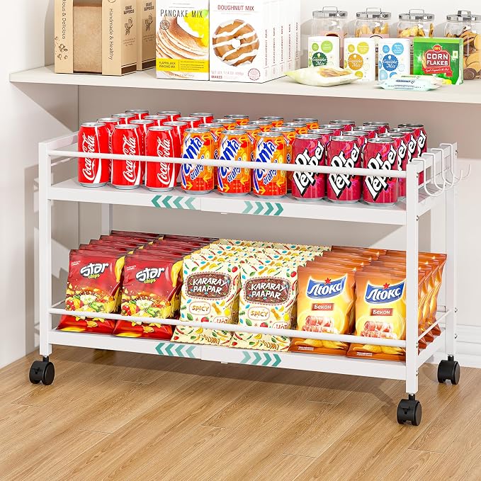 2-Tier Expandable Rolling Pantry Cart with Wheels, Adjustable Floor Organizer for Kitchen Pantry, Can Organizer for Pantry, Storage Cart for Snack, Food, Vegetables, White, Patent Pending