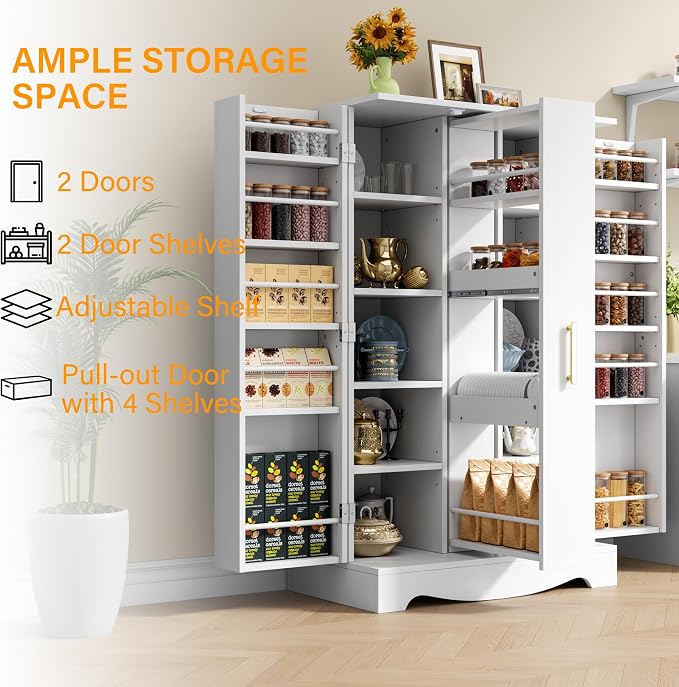 kepptory 47“ White Kitchen Pantry Cabinet with 3 Doors, Adjustable Shelves, | Pull-Out Side Spice Racks, Freestanding Food Storage Cupboard for Kitchen, Dining Room, Living Room