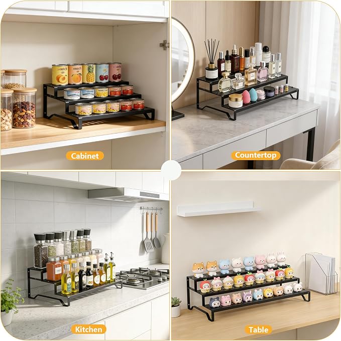 Expandable Can Organizer for Pantry, 3 Tier Metal Canned Food Storage 2Pack | 13"-21" Adjustable Length, Tiered Reversible Shelf Design, Large-Capacity Storage for Kitchen Cabinets & Countertops