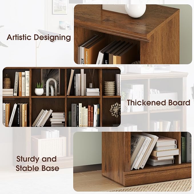 2 Tiers 8 Cube Storage Organizer Bookcase, 54 inch Width Wooden Book Shelf | 8 Storage Cube Adjustable Space Book Case, Vintage Oak Horizontal Bookshelf Display Cabinet Organizer for Home Library Office