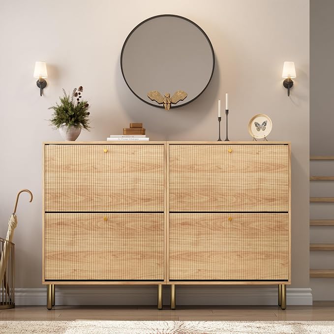 Shoe Storage Cabinet for Entryway - Ultra Slim Shoe Cabinet with Tiered Fluted Design - Modern Shoe Organizer for Entryway with Gold Legs, Hidden Shoe Rack for Small Spaces, Fits Men's Size 13.5