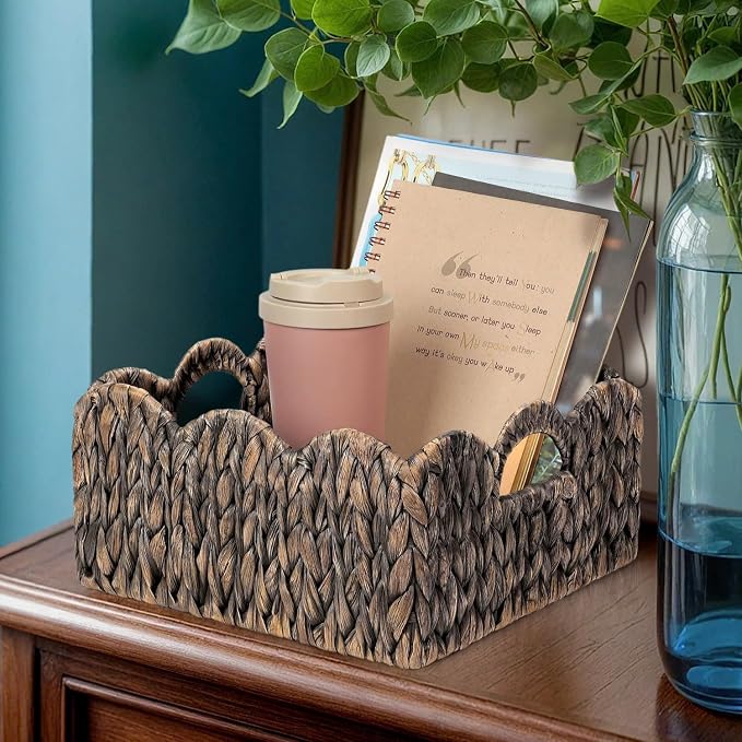 Scalloped Baskets (Natural-Set of 2) Basket Living Room Organizer, Water Hyacinth Baskets For Decor, Woven Basket Boho Style for Bathroom, Bedroom, Laundr,...Iron Frame.