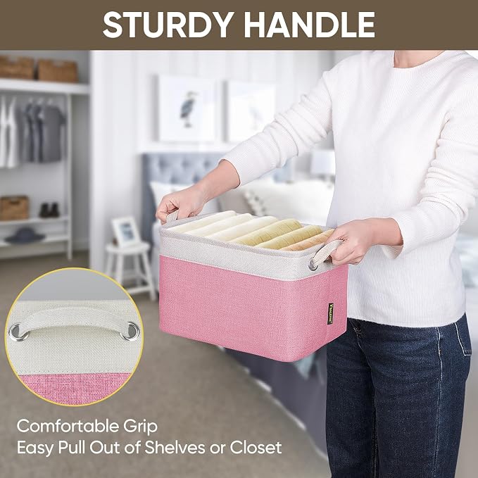 BALEINE 3 Pack Fabric Closet Storage Bins for Shelves, Linen Closet Organizers and Storage, Decorative Baskets for Organizing, Shelf, Clothes, Home, Office (Pink, 12"x8"x8")