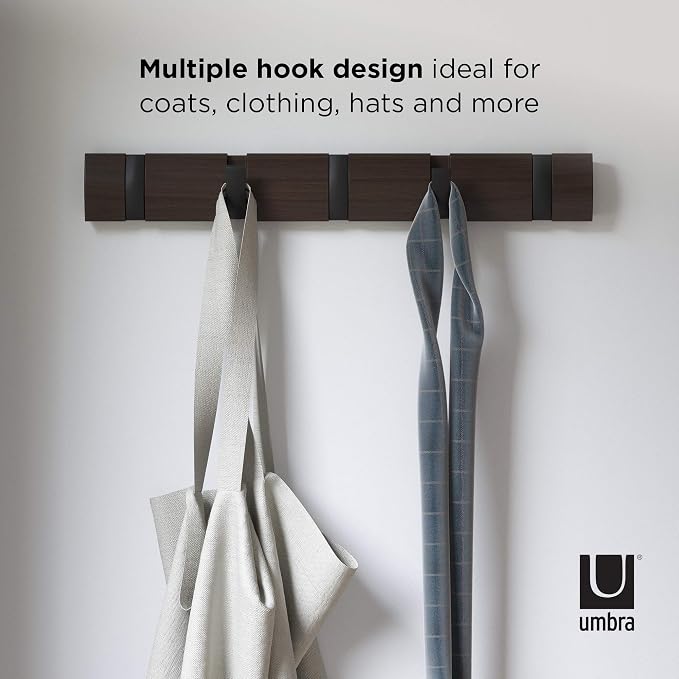 Umbra Flip Coat Rack, Wall Mounted 5-Hook Space Saving, Walnut/Black | Real wood and steel build, retractable hooks fold flat, holds coats bags and scarves, easy install