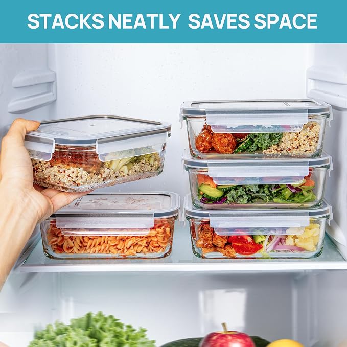 Vtopmart 2Pack 30oz Meal Prep Container Glass with Lids | Glass Food Storage Container Sets, Snap Airtight Lids, For Microwave, Oven, Freezer and Dishwasher, BPA Free