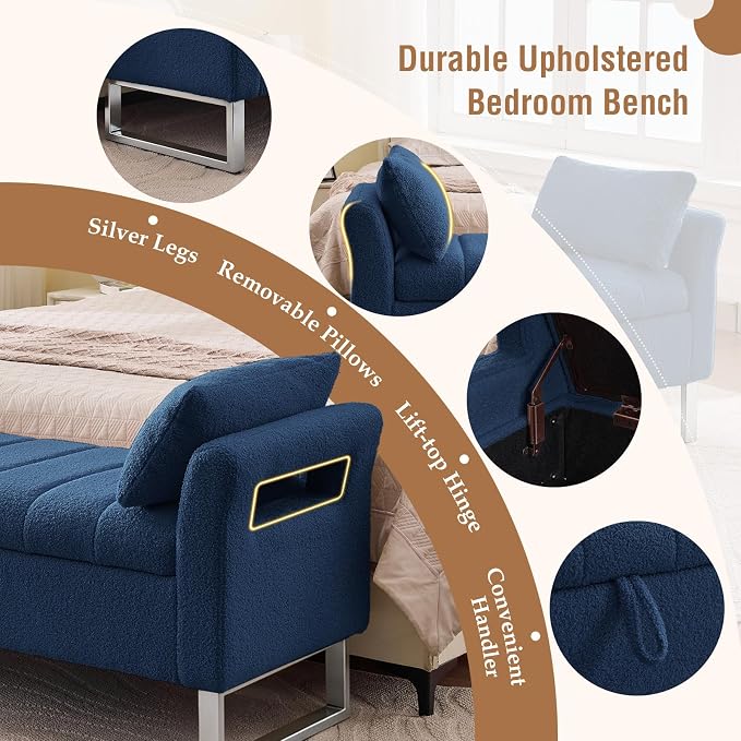 66" Storage Bench for Bedroom Upholstered End of Bed Bench King Size Blue | Long Bedroom Benches for Foot of Bed King,Teddy Storage Bed Bench with Gold Legs,2 Pillows for Entryway Windows Cloakroom